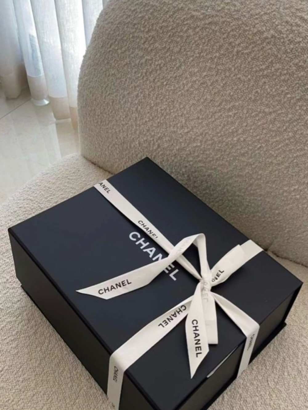 CHANEL Giant Black Gift Box with White Branded Ribbon and Camelia flower